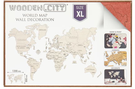 Drewniana Mapa Świata na ścianę 3D, rozm. XL- kolor niebieski