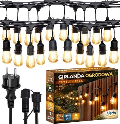 Girlanda Ogrodowa Świetlna 20M 20X Żarówka LED Sieciowa Wodoszczelna